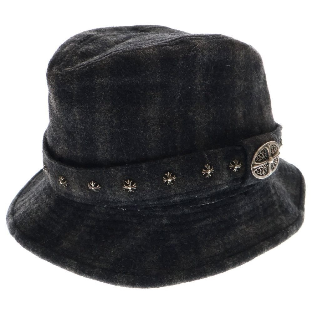 CHROME HEARTS(クロムハーツ) チェック柄ウール オーバルクロス CHプラス フェドラハット 帽子 グレー