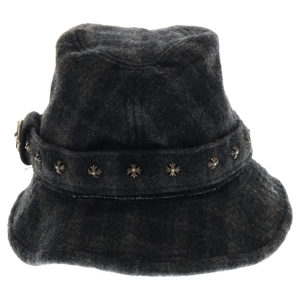 CHROME HEARTS(クロムハーツ) チェック柄ウール オーバルクロス CHプラス フェドラハット 帽子 グレー