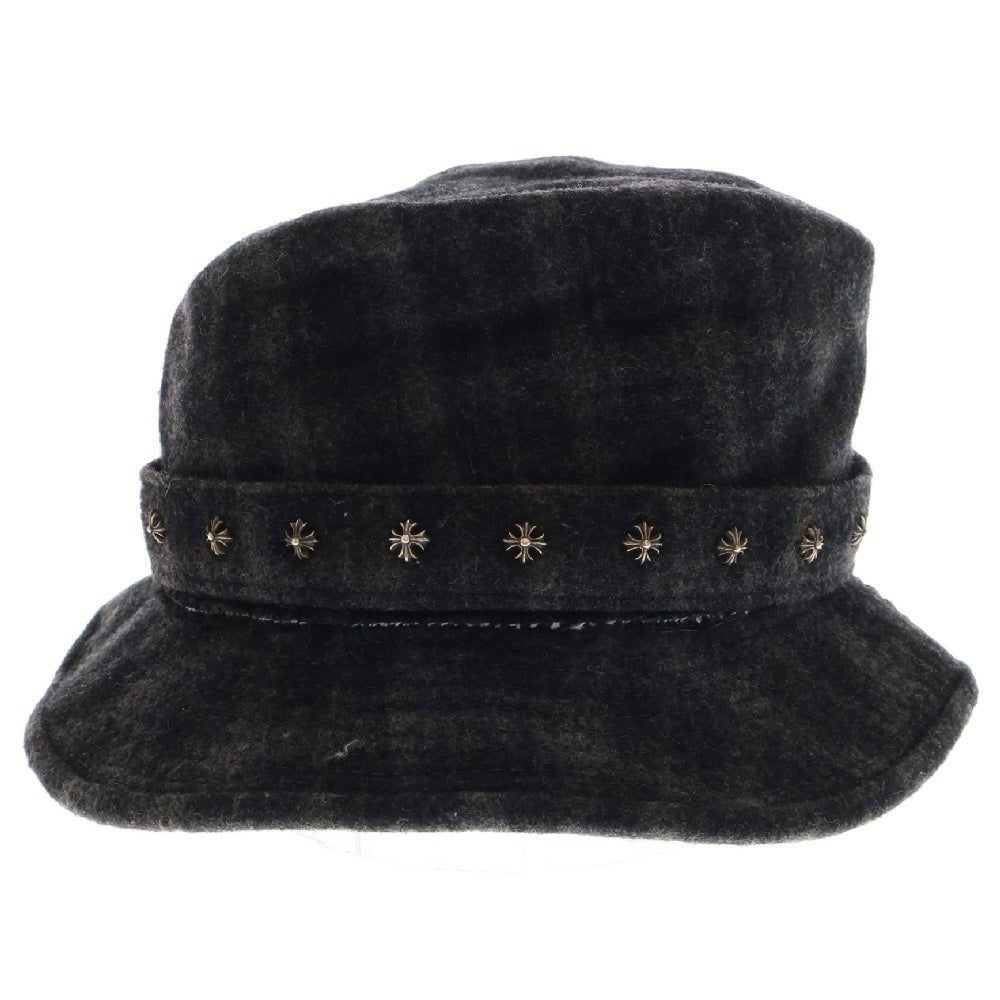 CHROME HEARTS(クロムハーツ) チェック柄ウール オーバルクロス CHプラス フェドラハット 帽子 グレー