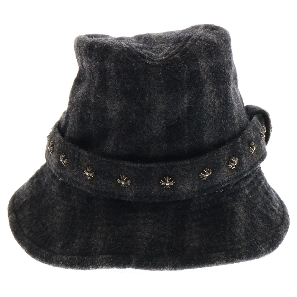 CHROME HEARTS(クロムハーツ) チェック柄ウール オーバルクロス CHプラス フェドラハット 帽子 グレー