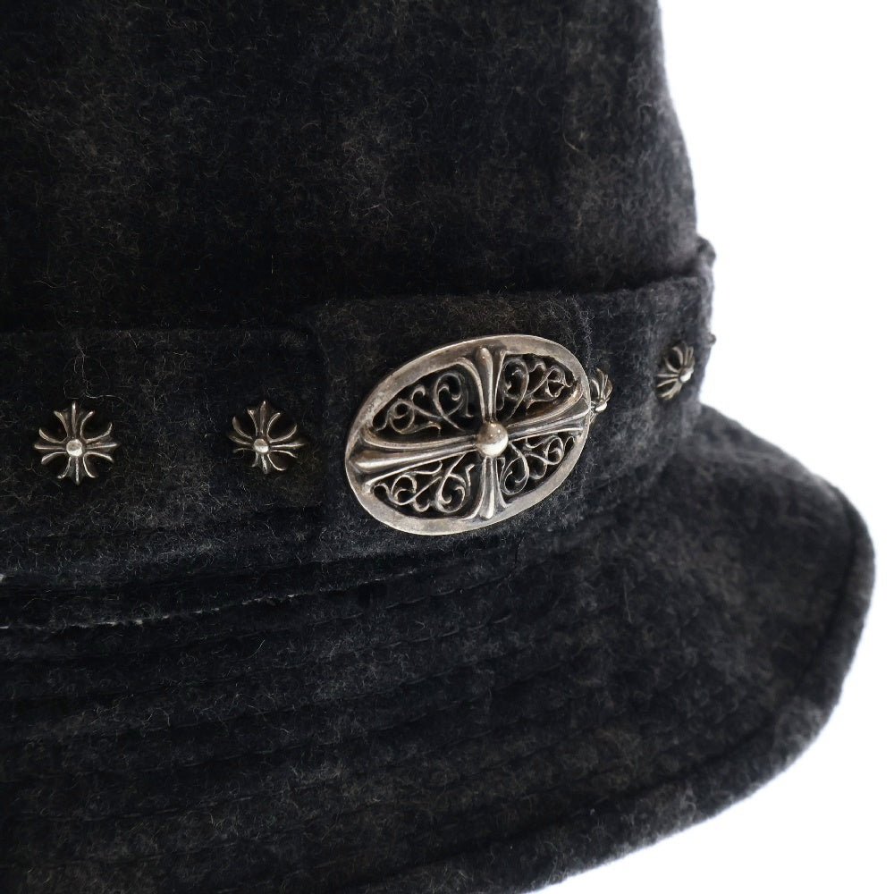 CHROME HEARTS(クロムハーツ) チェック柄ウール オーバルクロス CHプラス フェドラハット 帽子 グレー