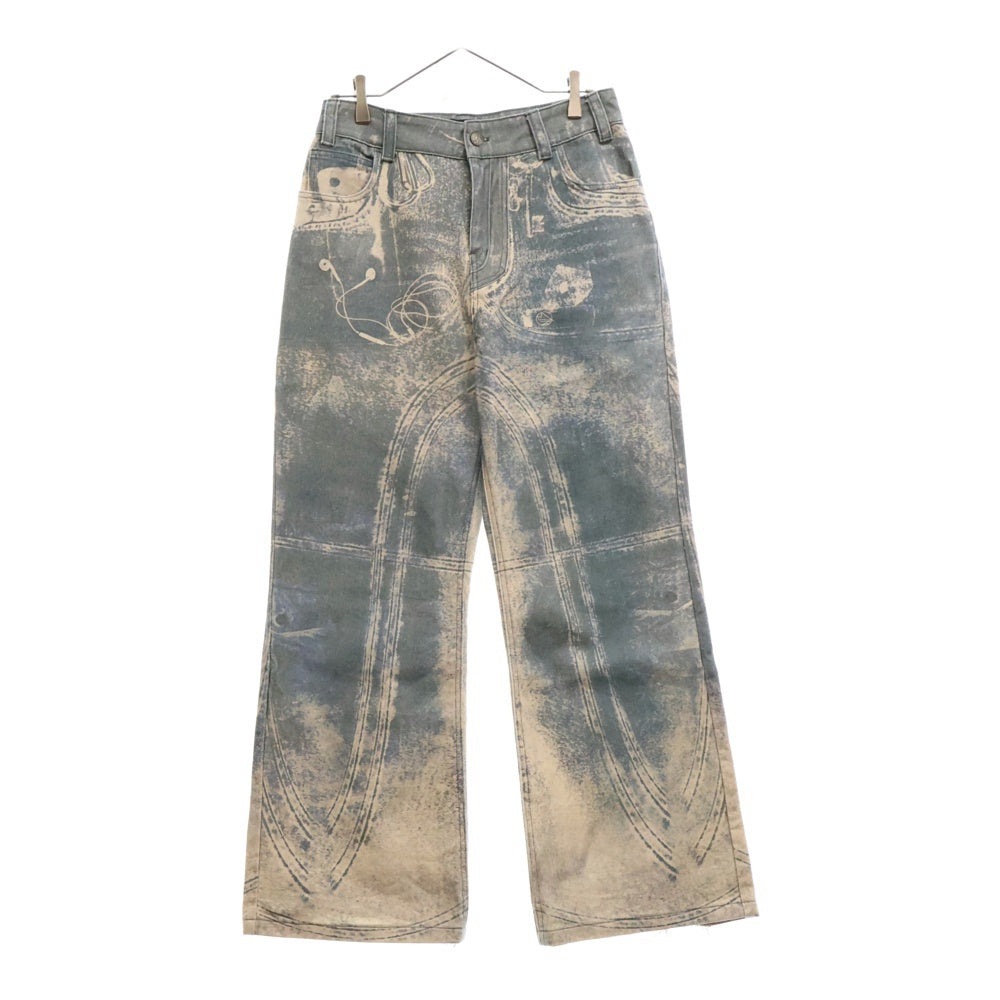 NO/FAITH STUDIOS(ノーフェイスストゥディオス) PRINTED DENIM BEI USED LOOK PRINTED プリント フレア デニム パンツ ブルー