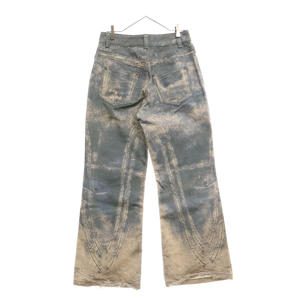 NO/FAITH STUDIOS(ノーフェイスストゥディオス) PRINTED DENIM BEI USED LOOK PRINTED プリント フレア デニム パンツ ブルー