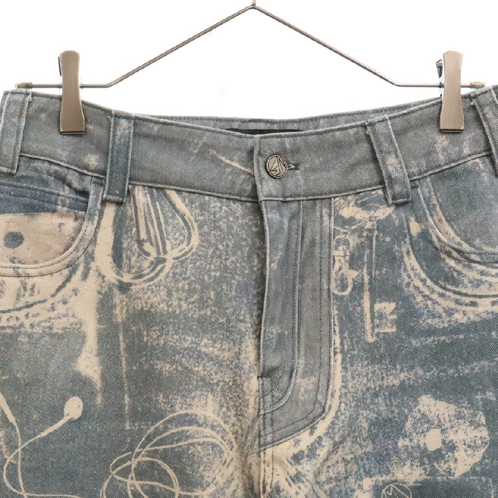 NO/FAITH STUDIOS(ノーフェイスストゥディオス) PRINTED DENIM BEI USED LOOK PRINTED プリント フレア デニム パンツ ブルー