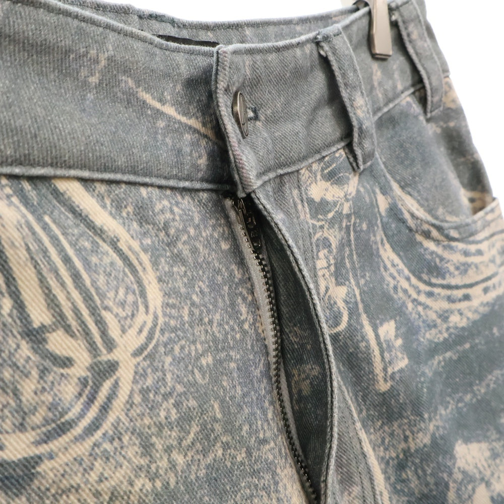 NO/FAITH STUDIOS(ノーフェイスストゥディオス) PRINTED DENIM BEI USED LOOK PRINTED プリント フレア デニム パンツ ブルー