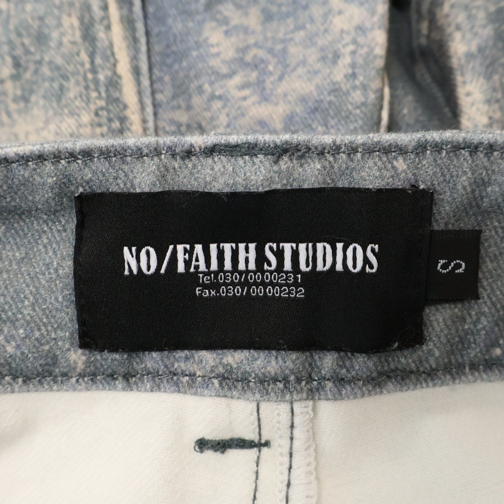 NO/FAITH STUDIOS(ノーフェイスストゥディオス) PRINTED DENIM BEI USED LOOK PRINTED プリント フレア デニム パンツ ブルー