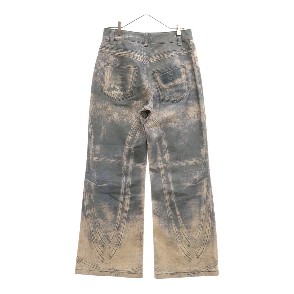 NO/FAITH STUDIOS(ノーフェイスストゥディオス) PRINTED DENIM BEI USED LOOK PRINTED プリント フレア デニム パンツ ブルー