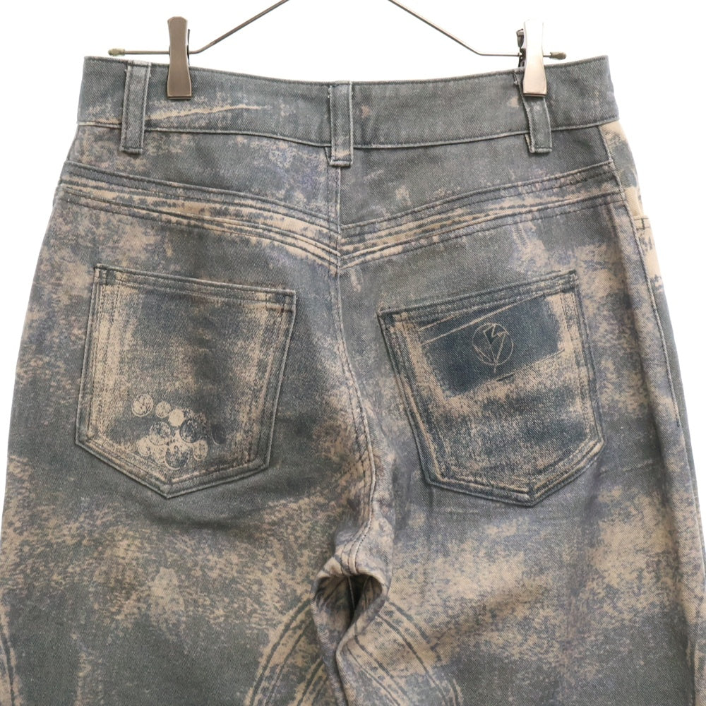 NO/FAITH STUDIOS(ノーフェイスストゥディオス) PRINTED DENIM BEI USED LOOK PRINTED プリント フレア デニム パンツ ブルー