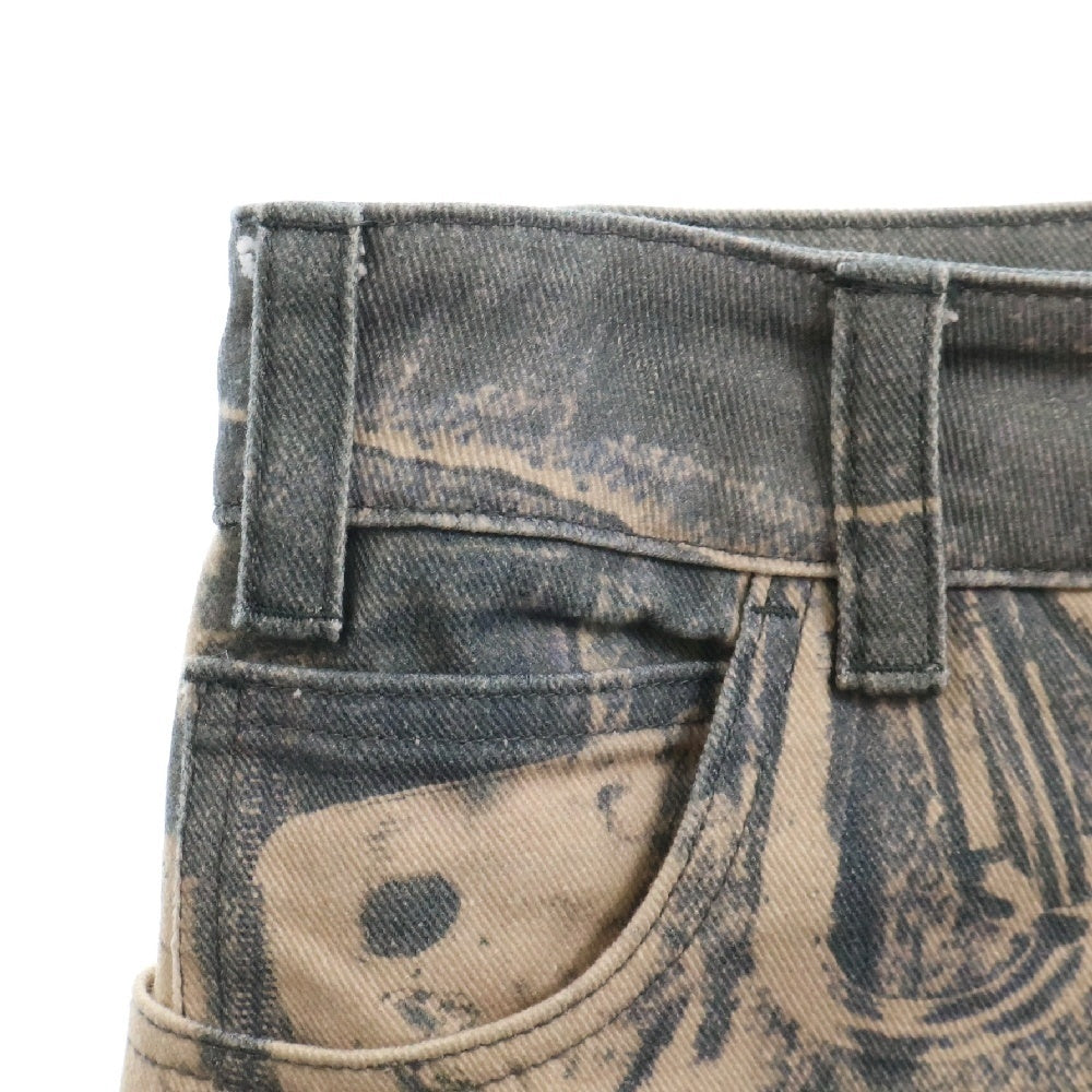 NO/FAITH STUDIOS(ノーフェイスストゥディオス) PRINTED DENIM BEI USED LOOK PRINTED プリント フレア デニム パンツ ブルー