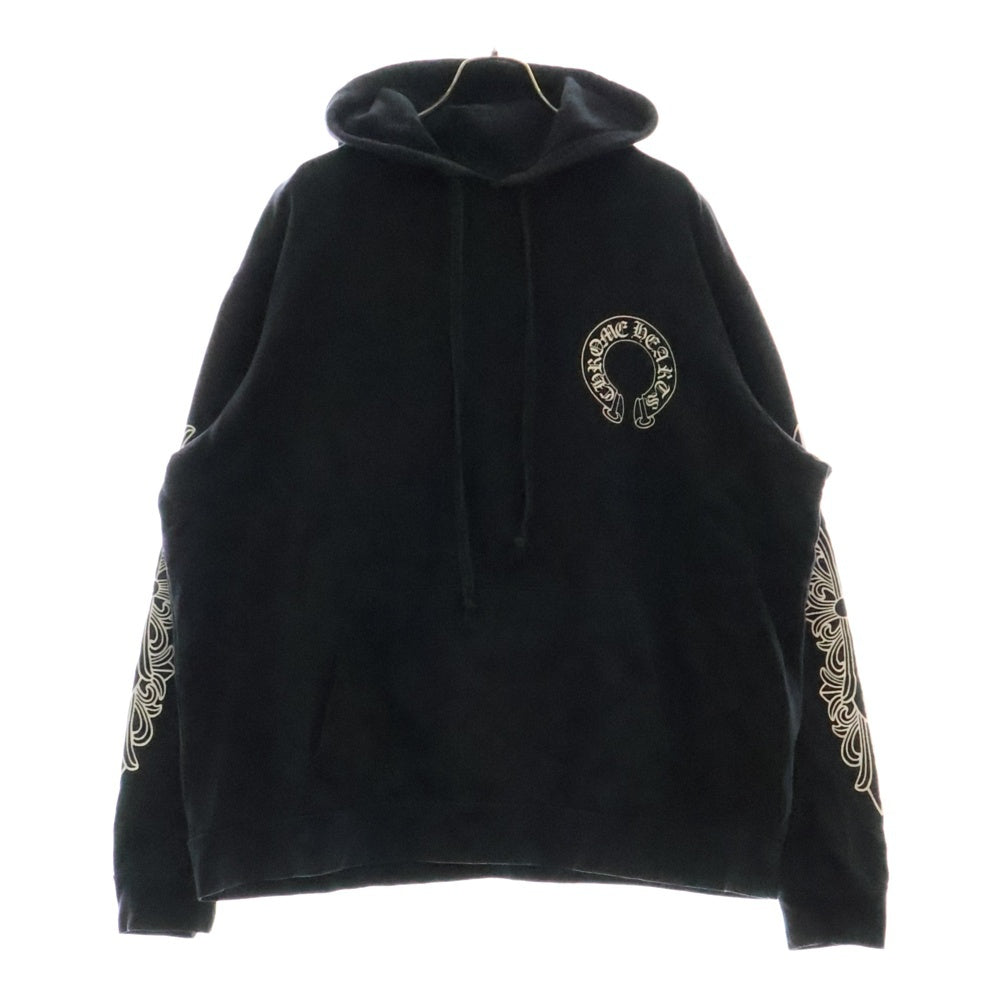 CHROME HEARTS(クロムハーツ) Horseshoe L/S Tee バックホースシュー 袖フローラルクロスプリント プルオーバーパーカー ブラック