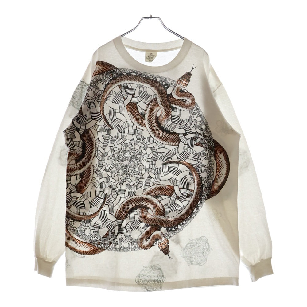 VINTAGE(ヴィンテージ) 90S M.C. ESCHER SNAKE M.C エッシャー スネーク オーバープリント ロングスリーブ 長袖Tシャツ ホワイト