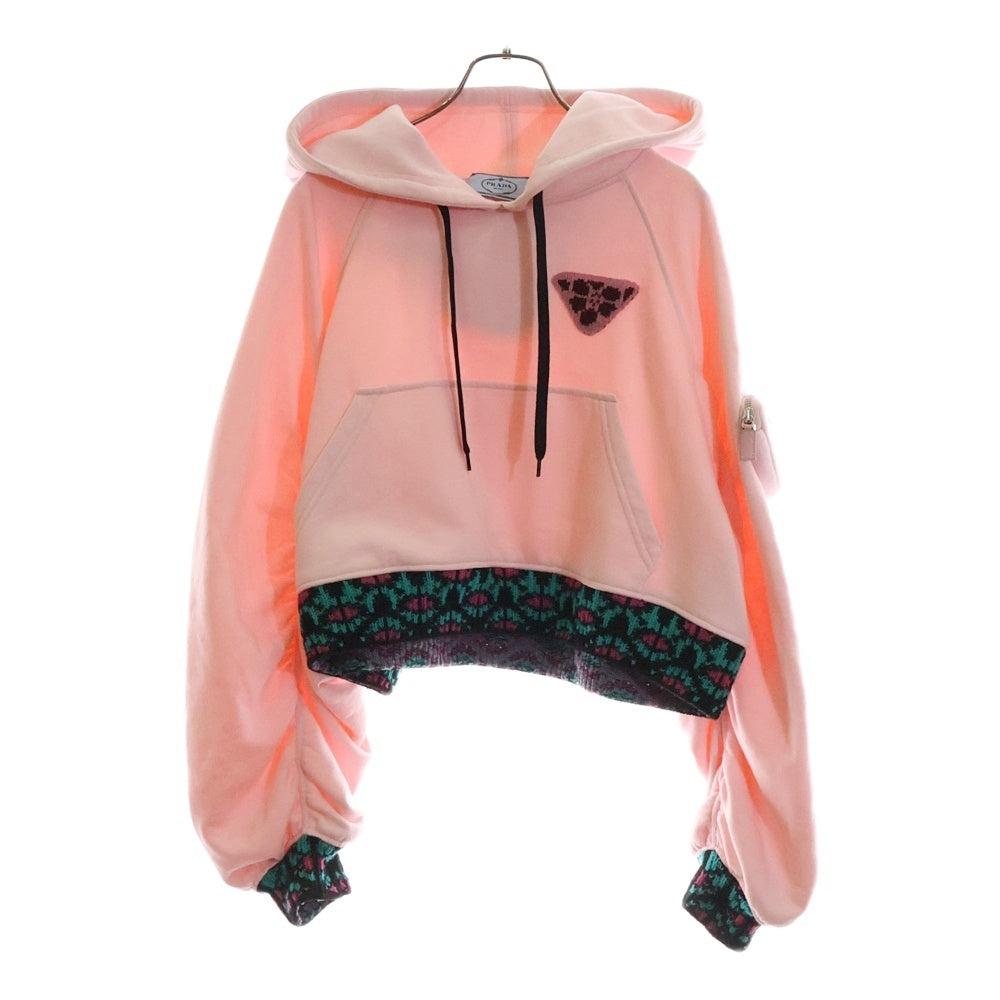 PRADA(プラダ) 21AW Cropped Hoodie In Pink ニット切り替え クロップド プルオーバーパーカー ピンク レディース 133637