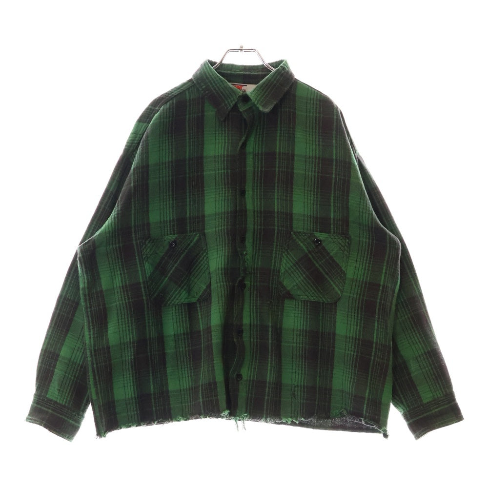 SAINT MICHAEL(セントマイケル) 24SS FRNL CHECK SHIRT カットオフ加工 フランネルシャツ グリーン SM-YS8-0000-024