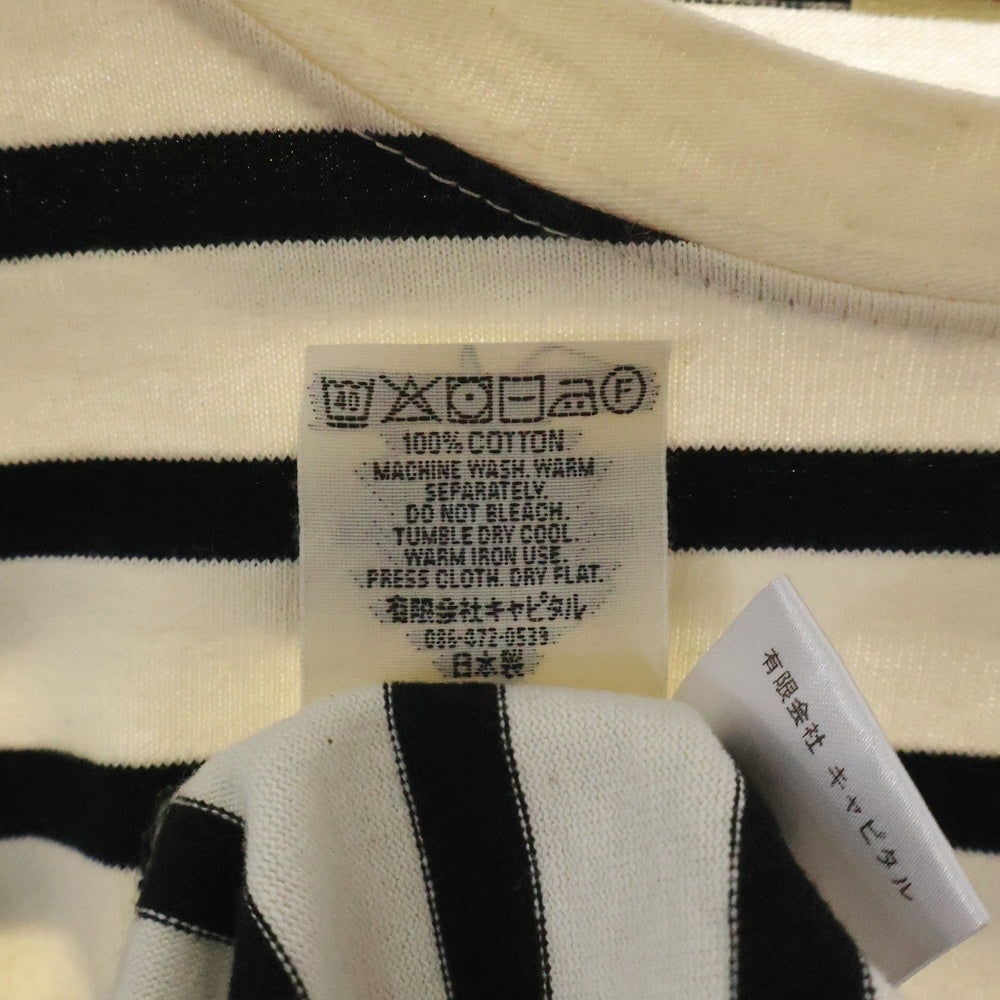 KAPITAL(キャピタル) Smiley Patch T- Shirt エルボースマイルパッチ ボーダー ロングスリーブ 長袖tシャツ ホワイト EK-904