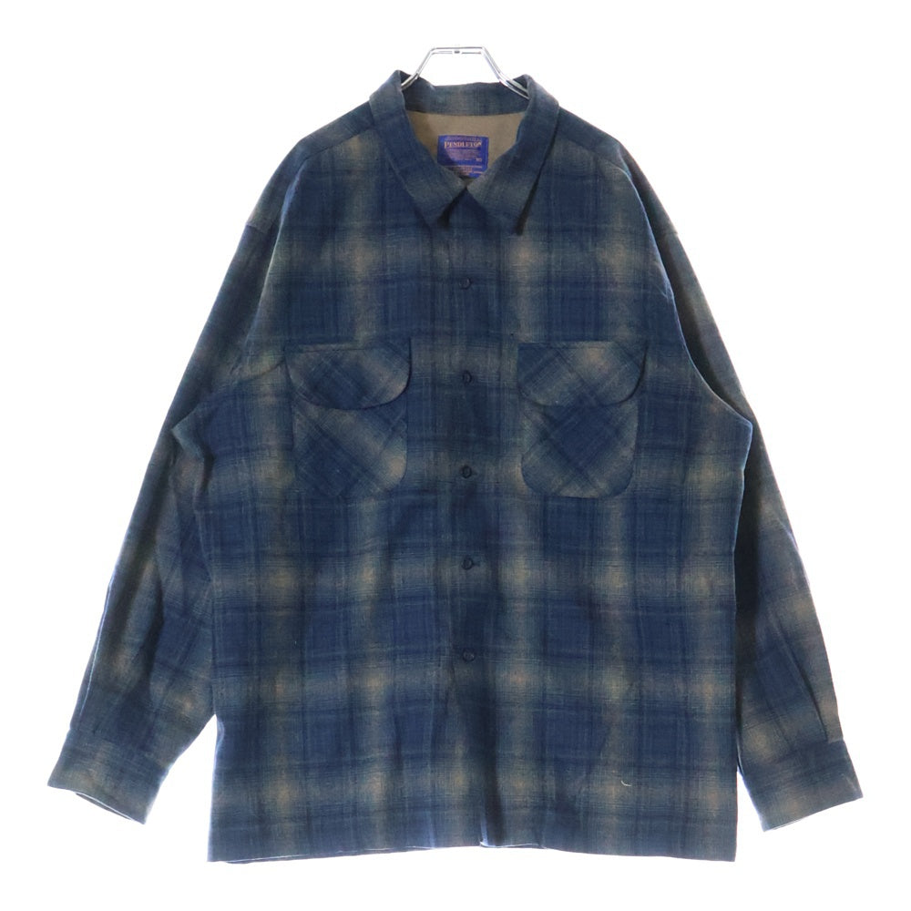 PENDLETON(ペンドルトン) 90S オンブレチェック ウール オープンカラー ロングスリーブ 長袖シャツ ブルー