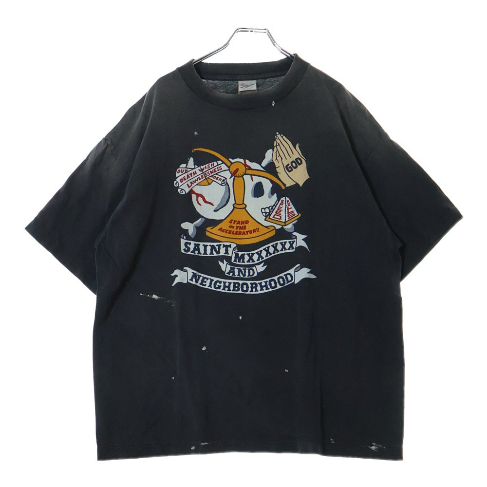 SAINT MICHAEL(セントマイケル) 25SS × NEIGHBORHOOD STHD. SS TEE PRAY ヴィンテージ加工半袖Tシャツ カットソー ダークグレー SM-HR8-0000-C68