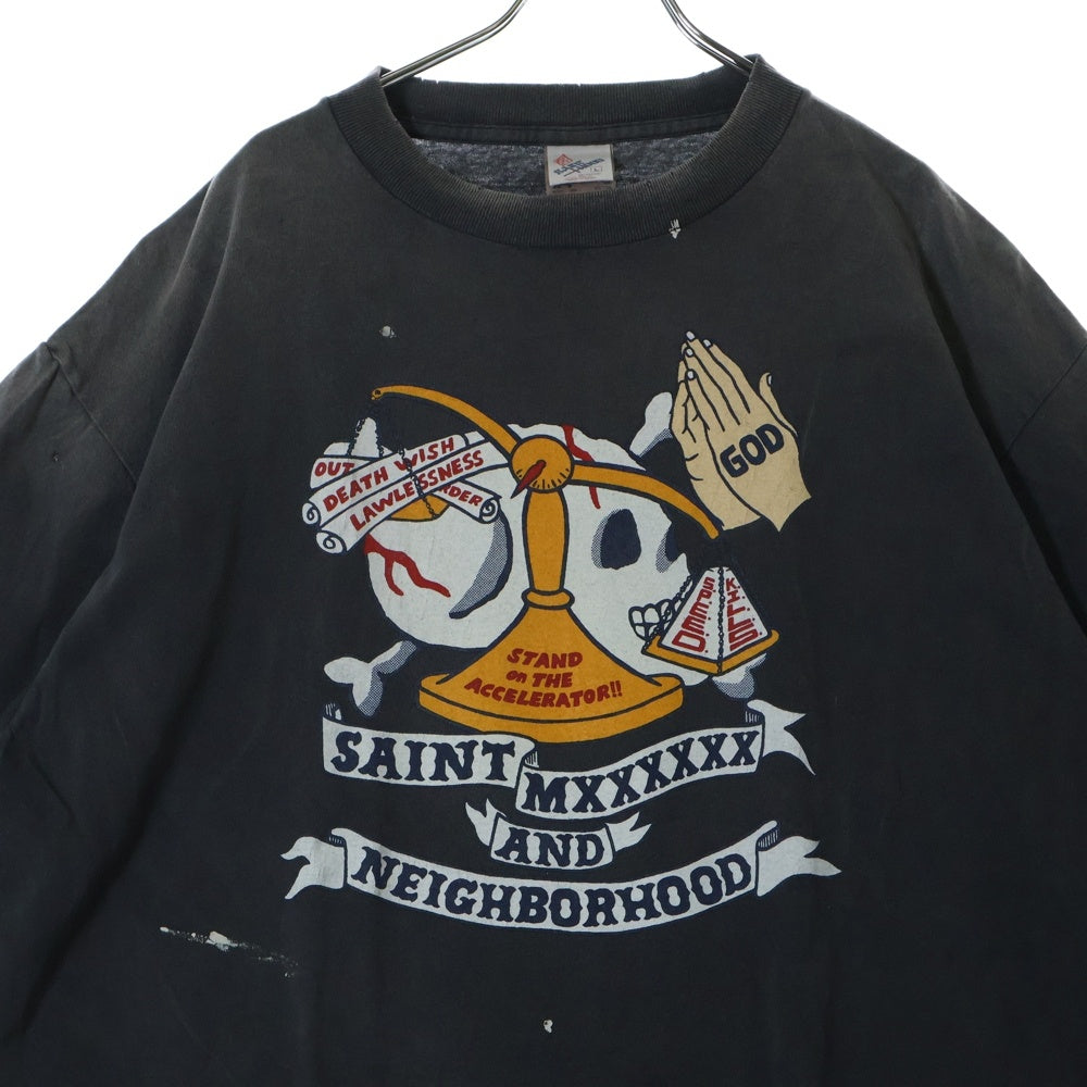 SAINT MICHAEL(セントマイケル) 25SS × NEIGHBORHOOD STHD. SS TEE PRAY ヴィンテージ加工半袖Tシャツ カットソー ダークグレー SM-HR8-0000-C68
