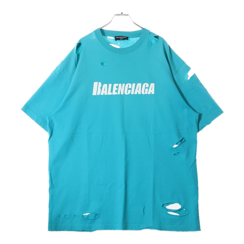 BALENCIAGA(バレンシアガ) 21SS Caps Destroyed Flatground Tee デストロイ加工 ロゴプリント 半袖Tシャツ ライトブルー 651795 TKVB8