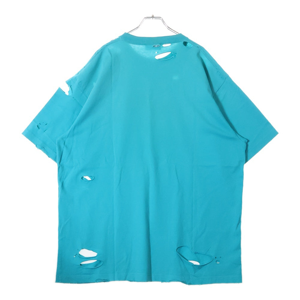 BALENCIAGA(バレンシアガ) 21SS Caps Destroyed Flatground Tee デストロイ加工 ロゴプリント 半袖Tシャツ ライトブルー 651795 TKVB8