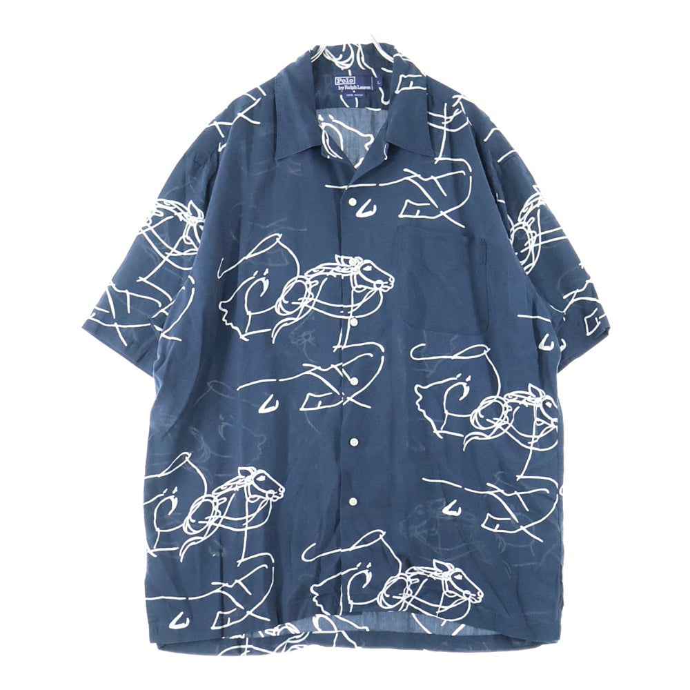 VINTAGE(ヴィンテージ) 90S Polo by Ralph Lauren horse ホースプリント オープンカラー レーヨンシャツ ネイビー