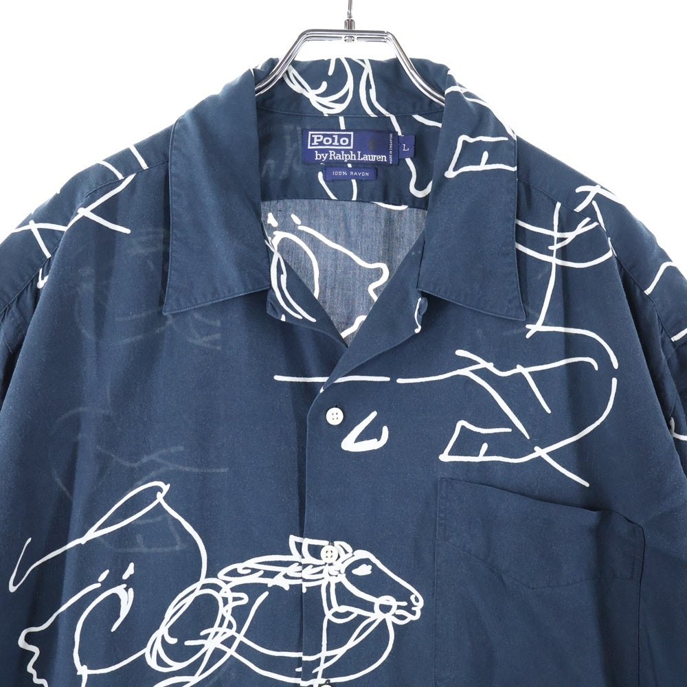 VINTAGE(ヴィンテージ) 90S Polo by Ralph Lauren horse ホースプリント オープンカラー レーヨンシャツ ネイビー