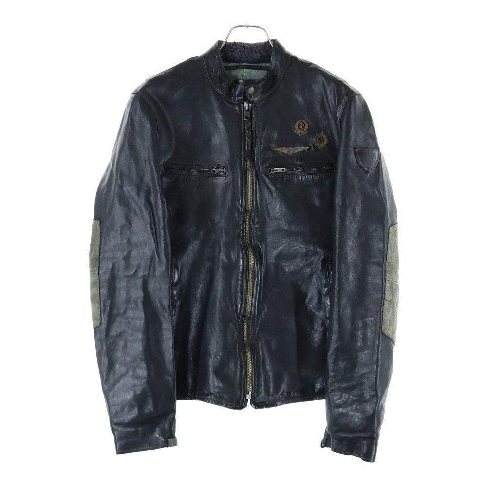 HTC(エイチティーシー) leather Jacket レザー ジャケット バッチ イタリア製 袖ワッペン付き ブラック