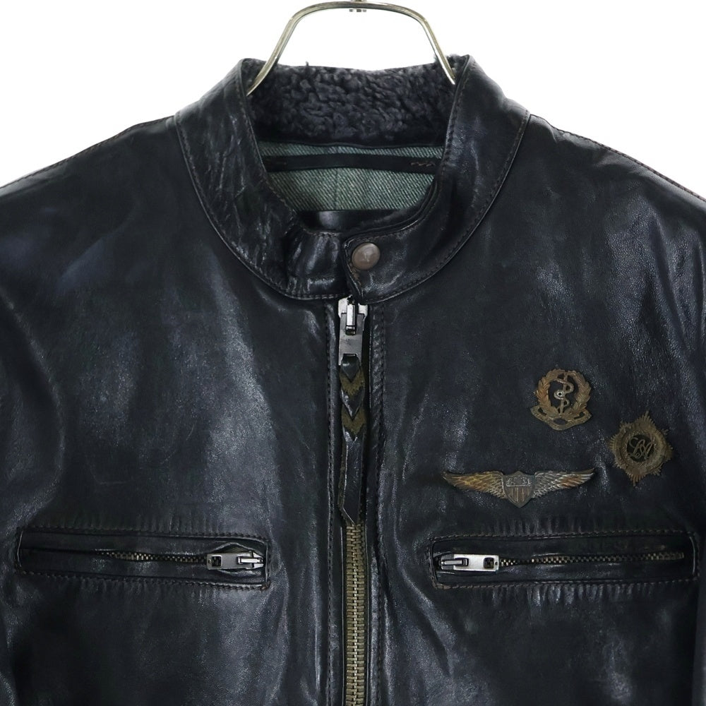 HTC(エイチティーシー) leather Jacket レザー ジャケット バッチ イタリア製 袖ワッペン付き ブラック