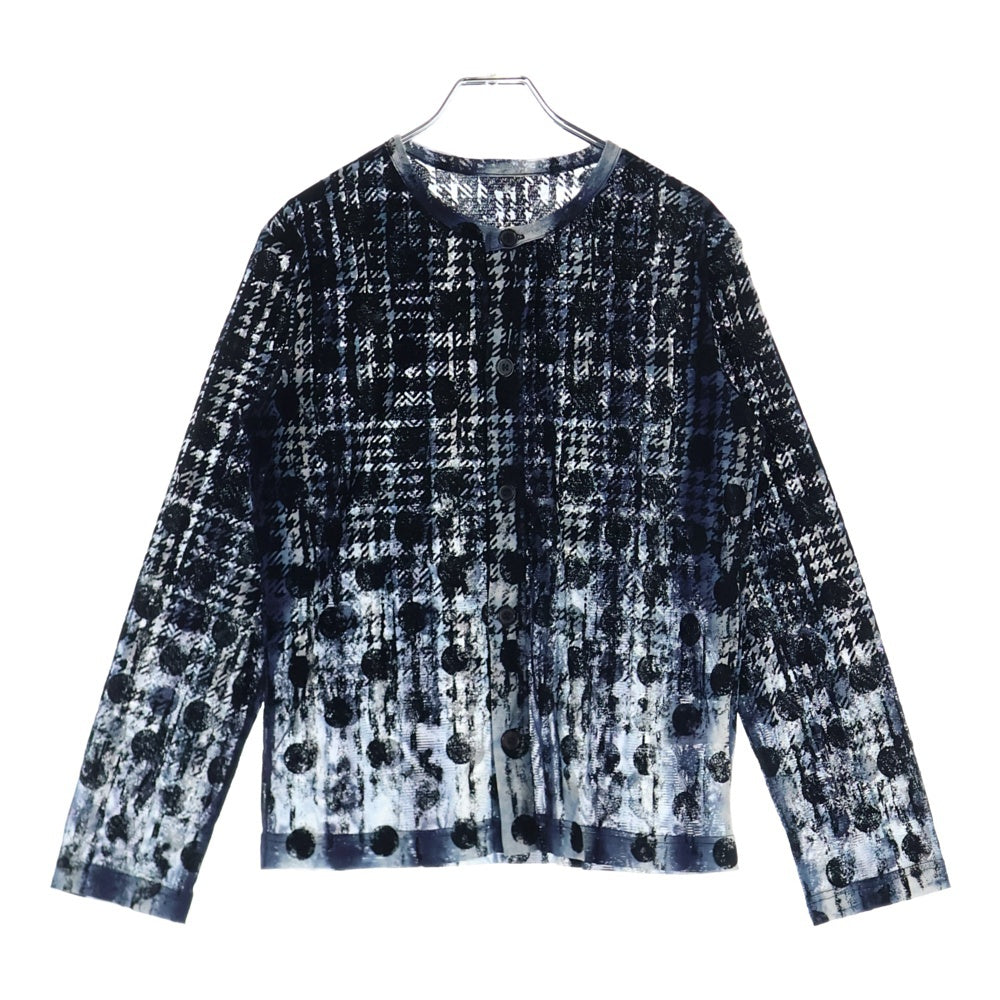 Y's(ワイズ) HOUNDTOOTH DOTS TULLE ROUND NECK LONG SLEEVE CARDIGAN 千鳥 水玉 総柄 ラウンドネック カーディガン ブラック