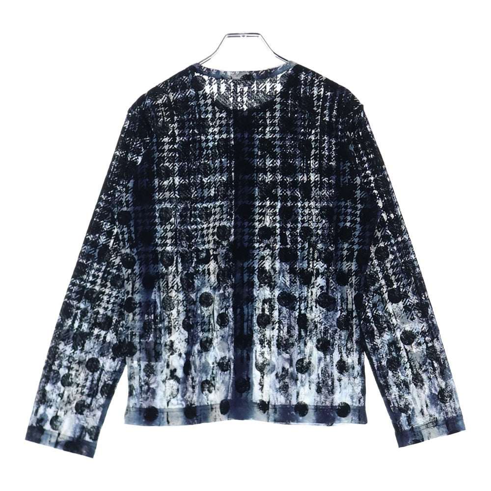 Y's(ワイズ) HOUNDTOOTH DOTS TULLE ROUND NECK LONG SLEEVE CARDIGAN 千鳥 水玉 総柄 ラウンドネック カーディガン ブラック