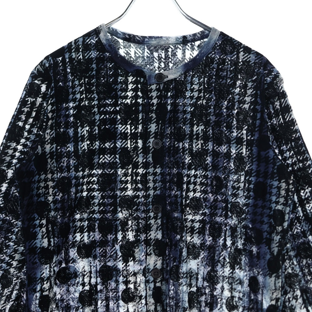 Y's(ワイズ) HOUNDTOOTH DOTS TULLE ROUND NECK LONG SLEEVE CARDIGAN 千鳥 水玉 総柄 ラウンドネック カーディガン ブラック