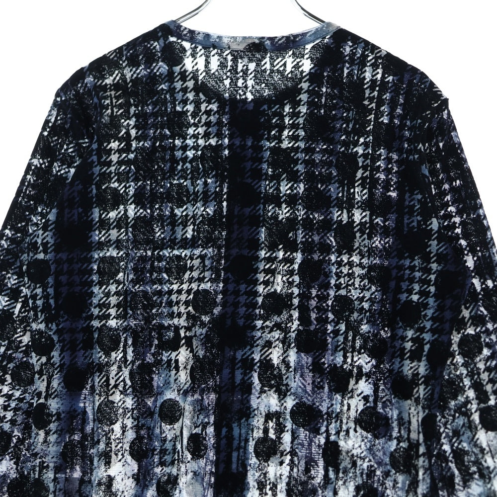 Y's(ワイズ) HOUNDTOOTH DOTS TULLE ROUND NECK LONG SLEEVE CARDIGAN 千鳥 水玉 総柄 ラウンドネック カーディガン ブラック