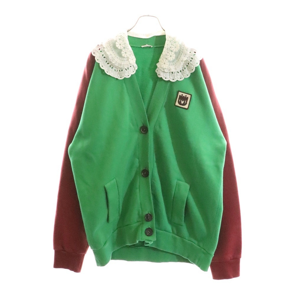 miumiu(ミュウミュウ) 20SS フリルレースカラー スウェット バイカラー カーディガン MJL702 1XIY グリーン/バーガンディ