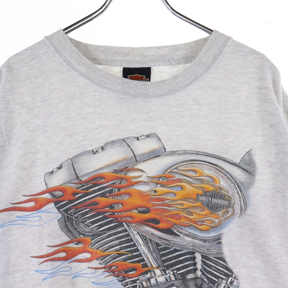 HARLEY DAVIDSON(ハーレーダビッドソン) 00s VINTAGE RED FLAME MOTOR TEE エンジン 両面プリント Tシャツ 半袖カットソー グレー