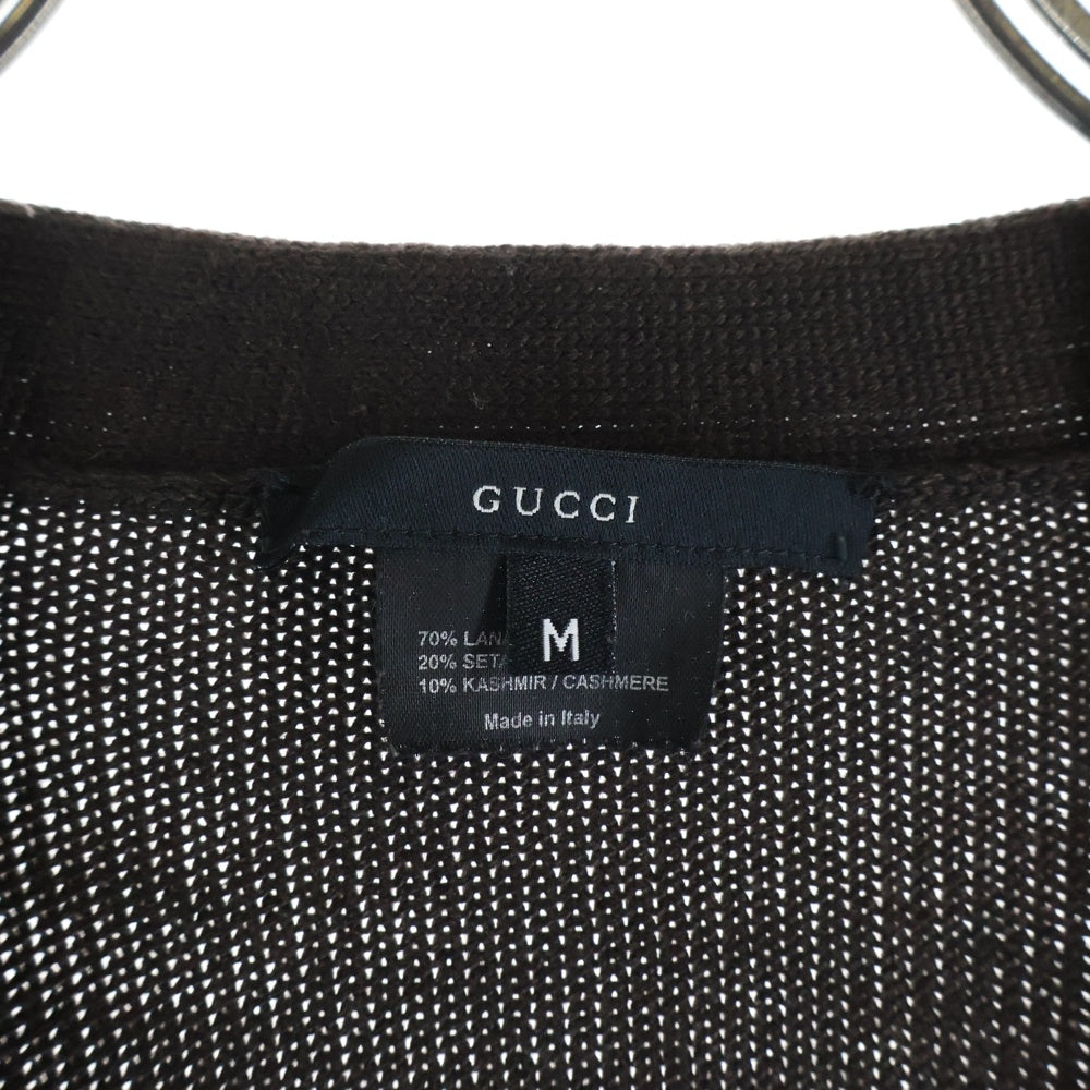 GUCCI(グッチ) リブ編み シルクVネックカーディー ウール シルク カシミア イタリア製 ブラウン