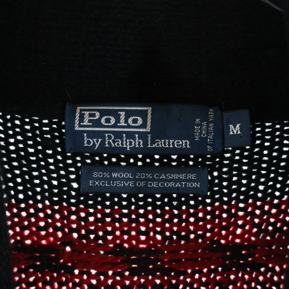 POLO RALPH LAUREN(ポロラルフローレン) 90s ウールカシミア トグルボタン カーディガン エルボーパッチ ノルディック柄 ブラック×レッド