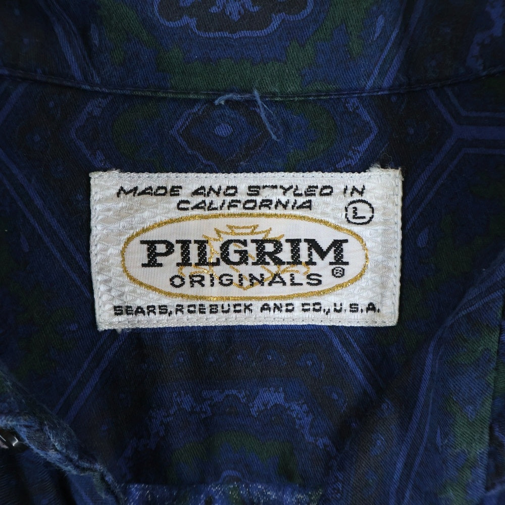 VINTAGE(ヴィンテージ) 60s PILGRIM ピルグリム ボタンダウンシャツ 長袖シャツ 丸タグ 襟芯 総柄 ブルー