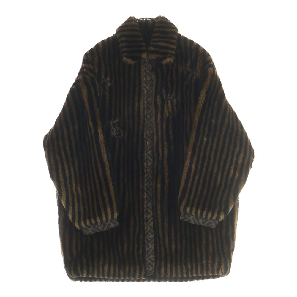 FENDI(フェンディ) 90-00s FENDI JEANS OLD ズッカ柄 ストライプ フェイクファーコート ハーフコート アクリル ブラウン×ブラック レディース D-HG-1234