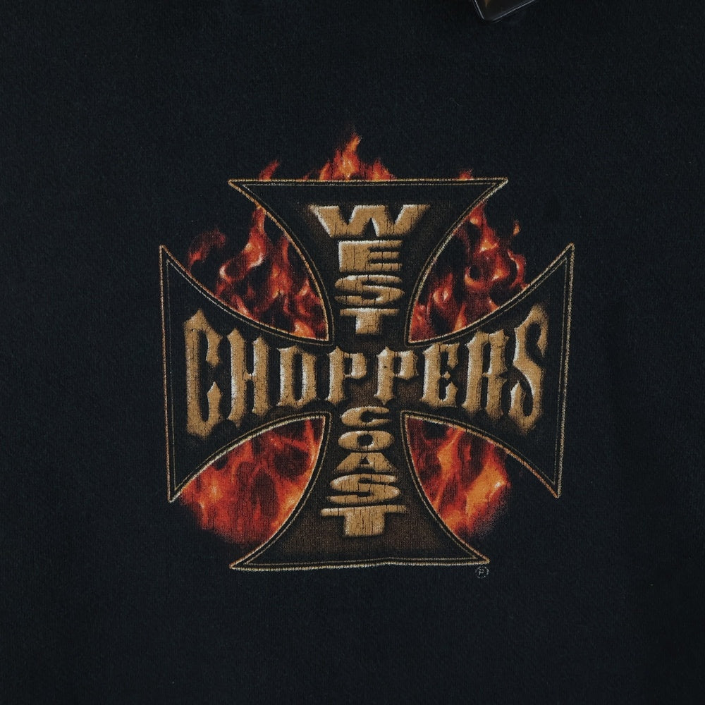 VINTAGE(ヴィンテージ) 90s West Coast Choppers Red Flame Iron Cross Sleeve Logo Hoodie ウエストコーストチョッパーズ レッドフレイム アイアンクロス 袖プリント パーカー