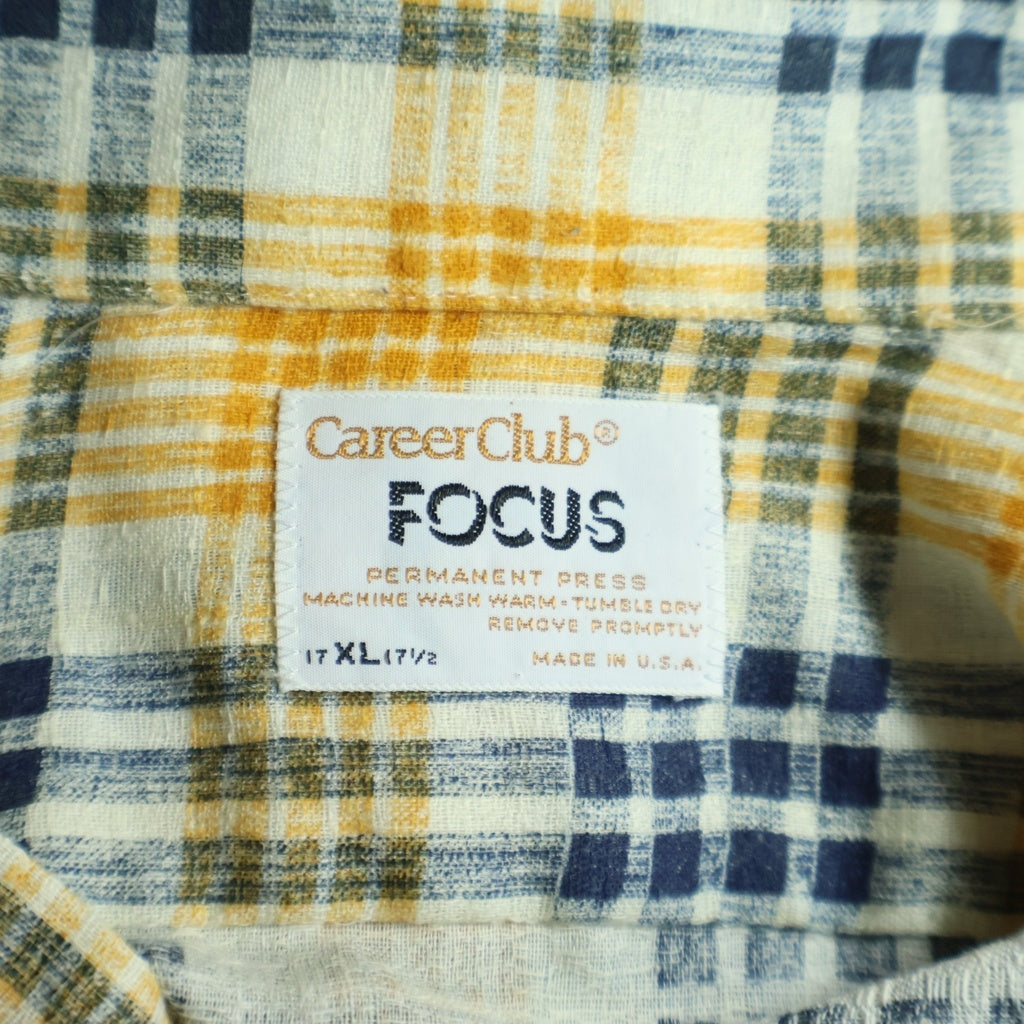 VINTAGE(ヴィンテージ) 70s CareerClub FOCUS フォーカス 長袖チェックシャツ USA製 襟芯 マルチカラー オレンジ/ブルー/ホワイト