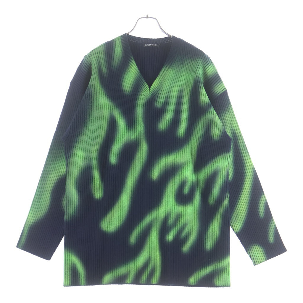 BALENCIAGA(バレンシアガ) 20SS GREEN FLAME WOOL KNIT 599685 T1555 グリーンフレイム Vネック長袖ニットセーター ダークネイビー