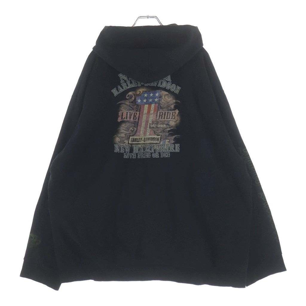 HARLEY DAVIDSON(ハーレーダビッドソン) 10s GREEN FLAMES ZIPUP HOODIE グリーンフレイムス 袖ロゴ ジップアップパーカー ブラック