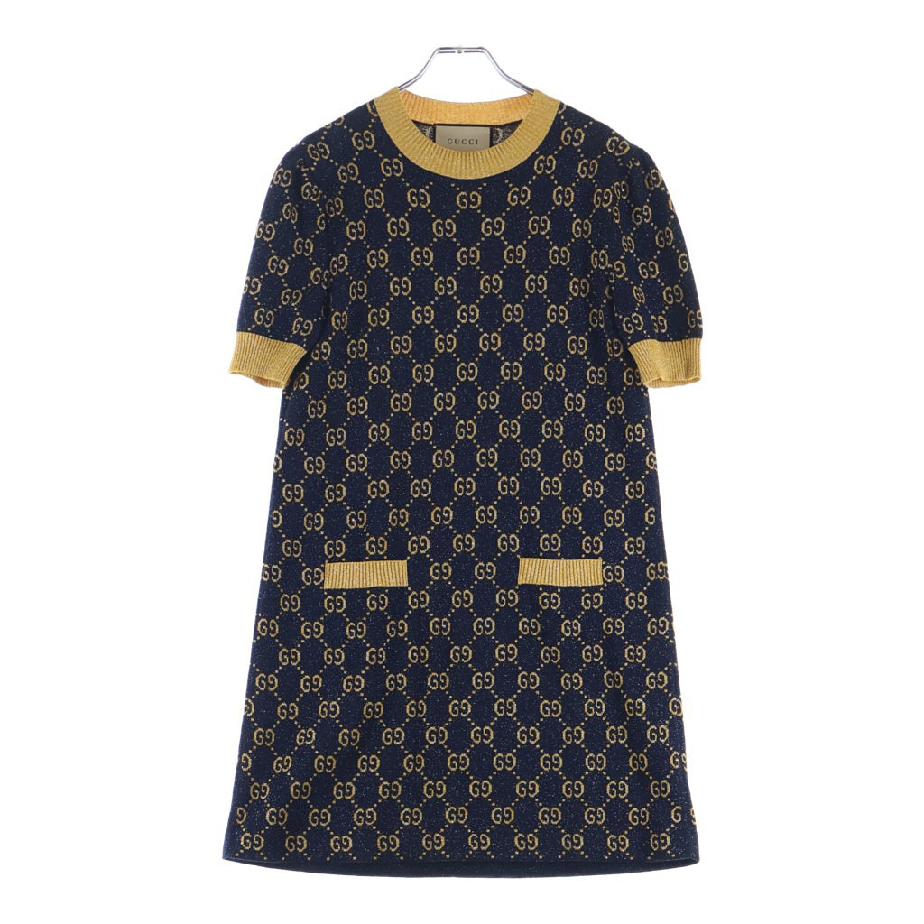 GUCCI(グッチ) GG総柄 ラメジャカード オールインワン半袖ワンピース 692707 XKB54 ネイビー/イエロー レディース