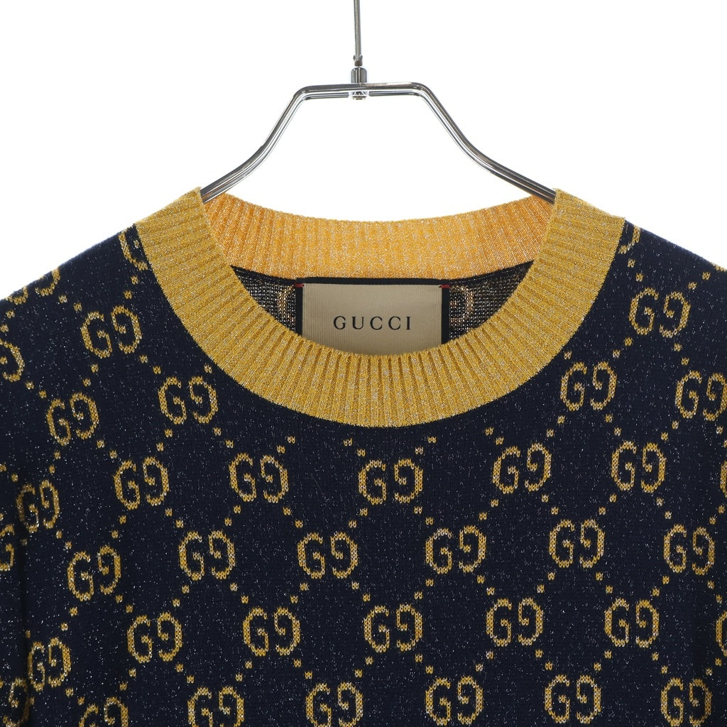 GUCCI(グッチ) GG総柄 ラメジャカード オールインワン半袖ワンピース 692707 XKB54 ネイビー/イエロー レディース