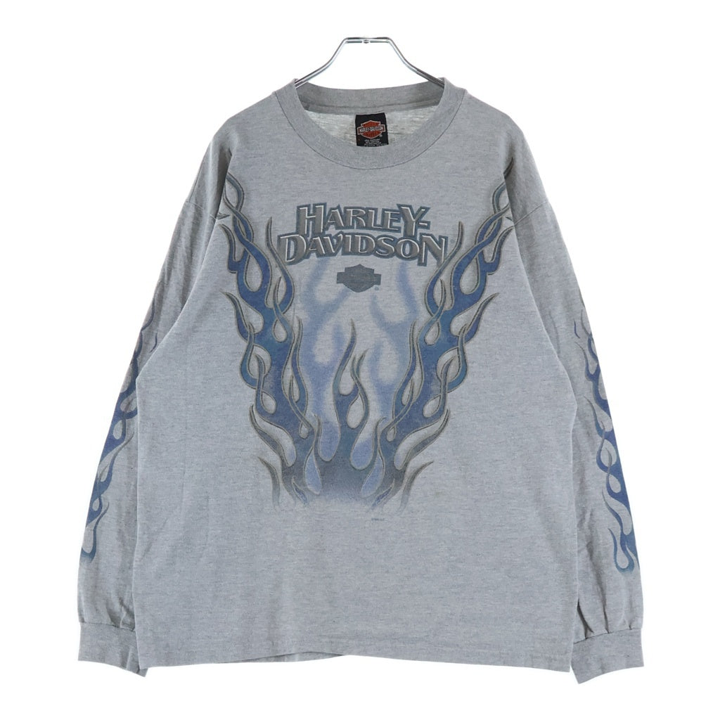 HARLEY DAVIDSON(ハーレーダビッドソン) 90s VINTAGE BLUE FLAME L/S TEE ブルーフレイム 袖プリント 長袖Tシャツ カットソー ロンT グレー
