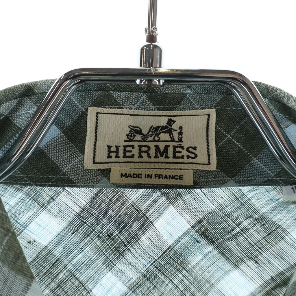 HERMES(エルメス) 00s archive リネン 長袖シャツ オールドタグ フランス製 ボタンアップ チェック グリーン