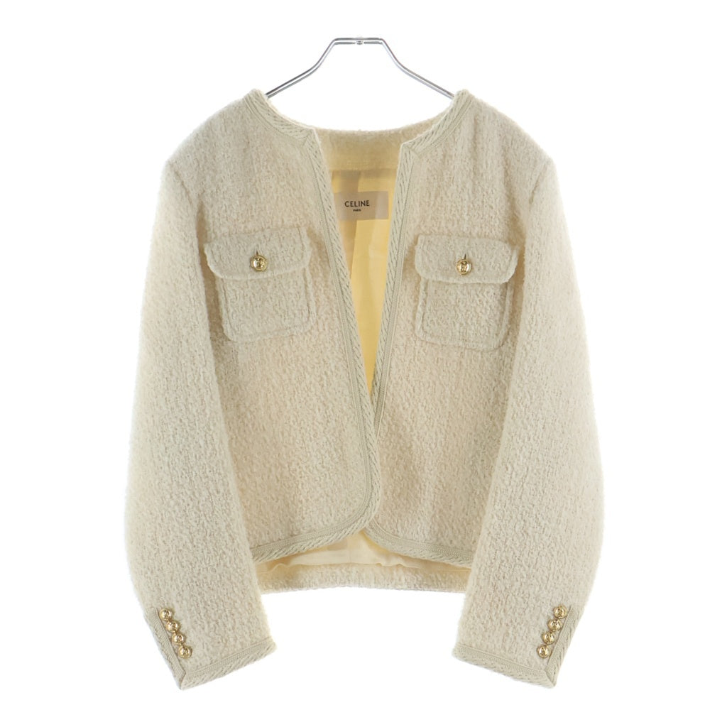 CELINE(セリーヌ) HEDI WOOL NO COLLAR JACKET エディ期 ツイード ウール ノーカラージャケット アイボリー レディース 2V55Q227V