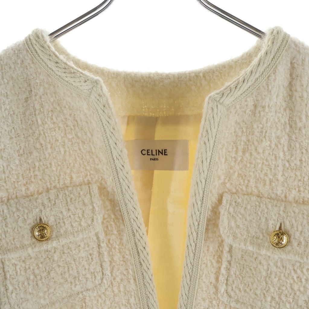 CELINE(セリーヌ) HEDI WOOL NO COLLAR JACKET エディ期 ツイード ウール ノーカラージャケット アイボリー レディース 2V55Q227V