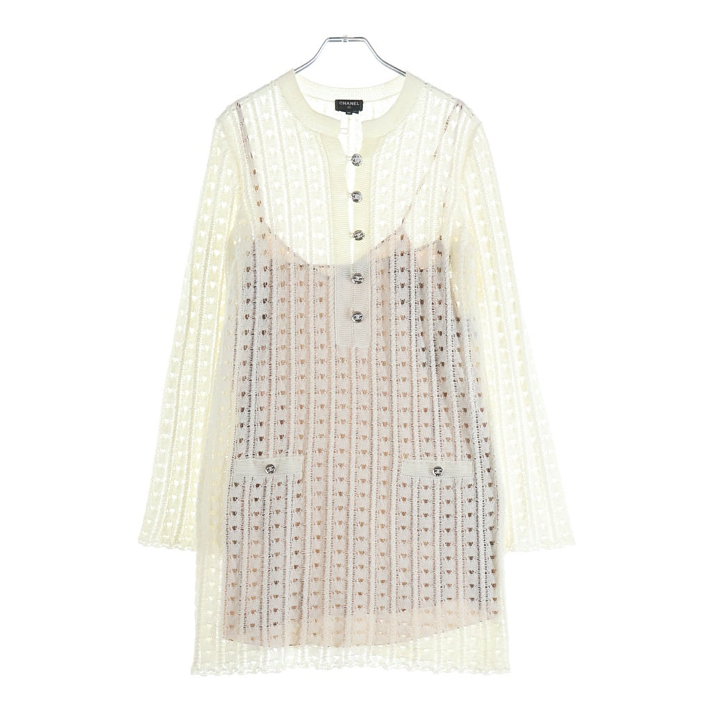 CHANEL(シャネル) White Cotton Knitted Half Button-Up Dress With Slip P75431 レイヤードココマークボタン スリップドレス ホワイト レディース