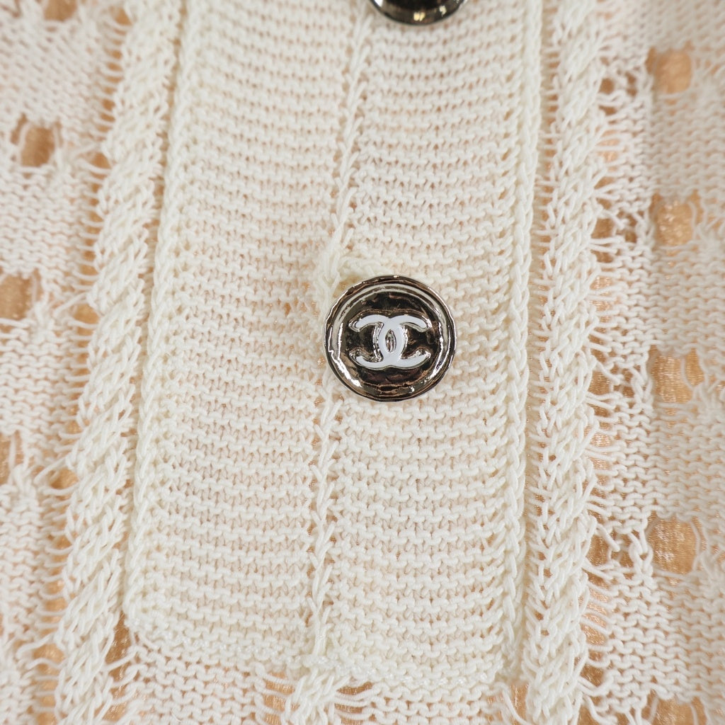 CHANEL(シャネル) White Cotton Knitted Half Button-Up Dress With Slip P75431 レイヤードココマークボタン スリップドレス ホワイト レディース