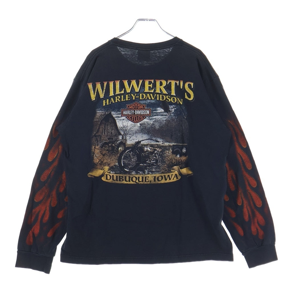 HARLEY DAVIDSON(ハーレーダビッドソン) 00S BAR&SHIELD INFERNO FLAME SLEEVE L/S TEE 袖フレイム 両面プリント 長袖カットソーTシャツ ブラック